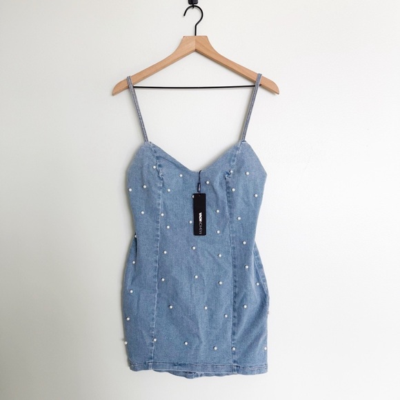 Fashion Nova Briella Pearl Light Wash Denim Mini Dress - Picture 2 of 8